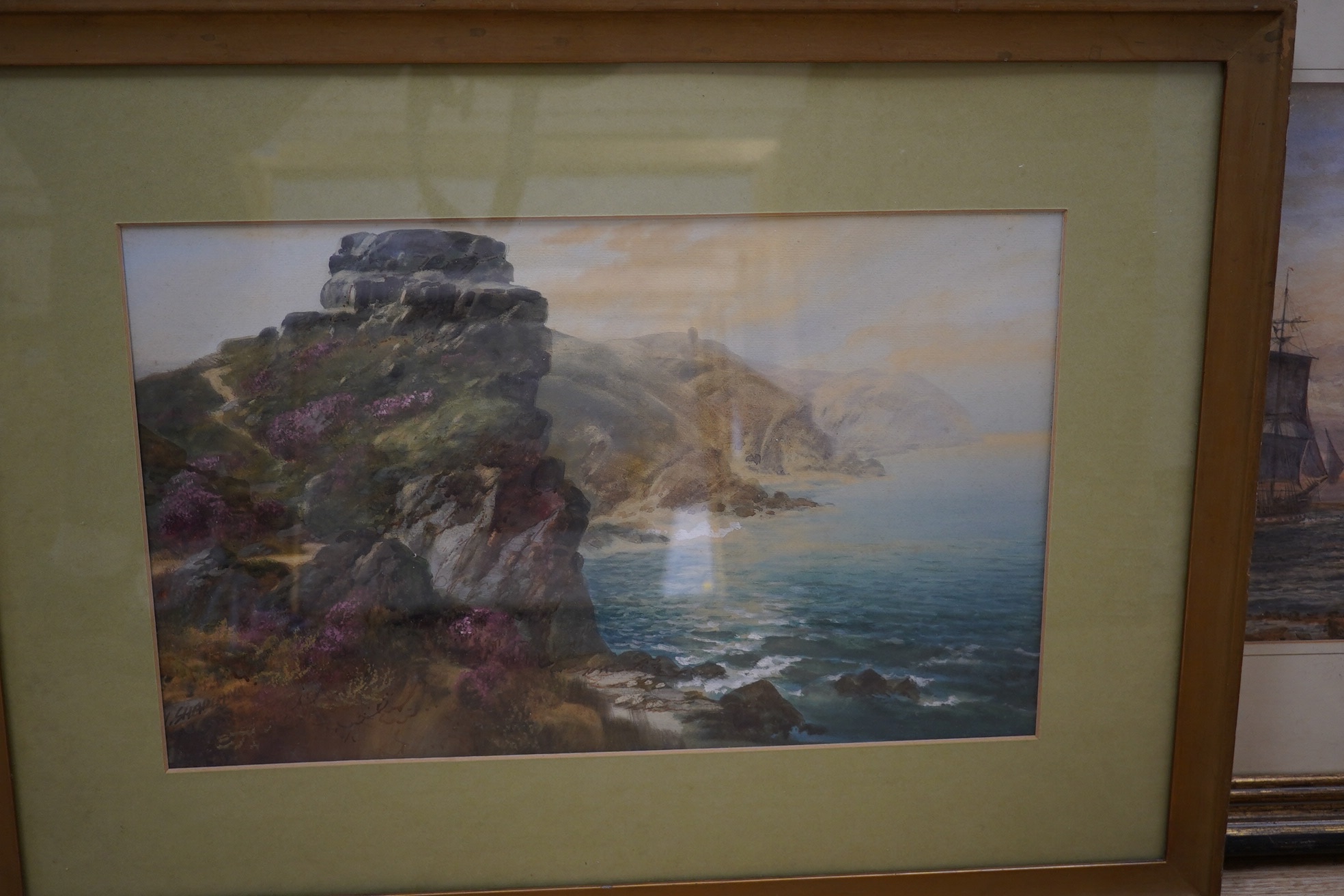 Two late 19th / early 20th century watercolours, comprising Harbour scene with figures and fishing boats and rocky coastal view, one indistinctly signed, largest 30 x 59cm. Condition - poor